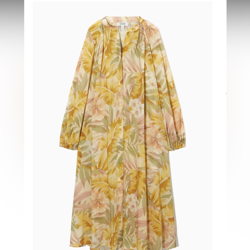 Cos midi dress in muted yelllow/gold and earth tonrs.  Self belt
